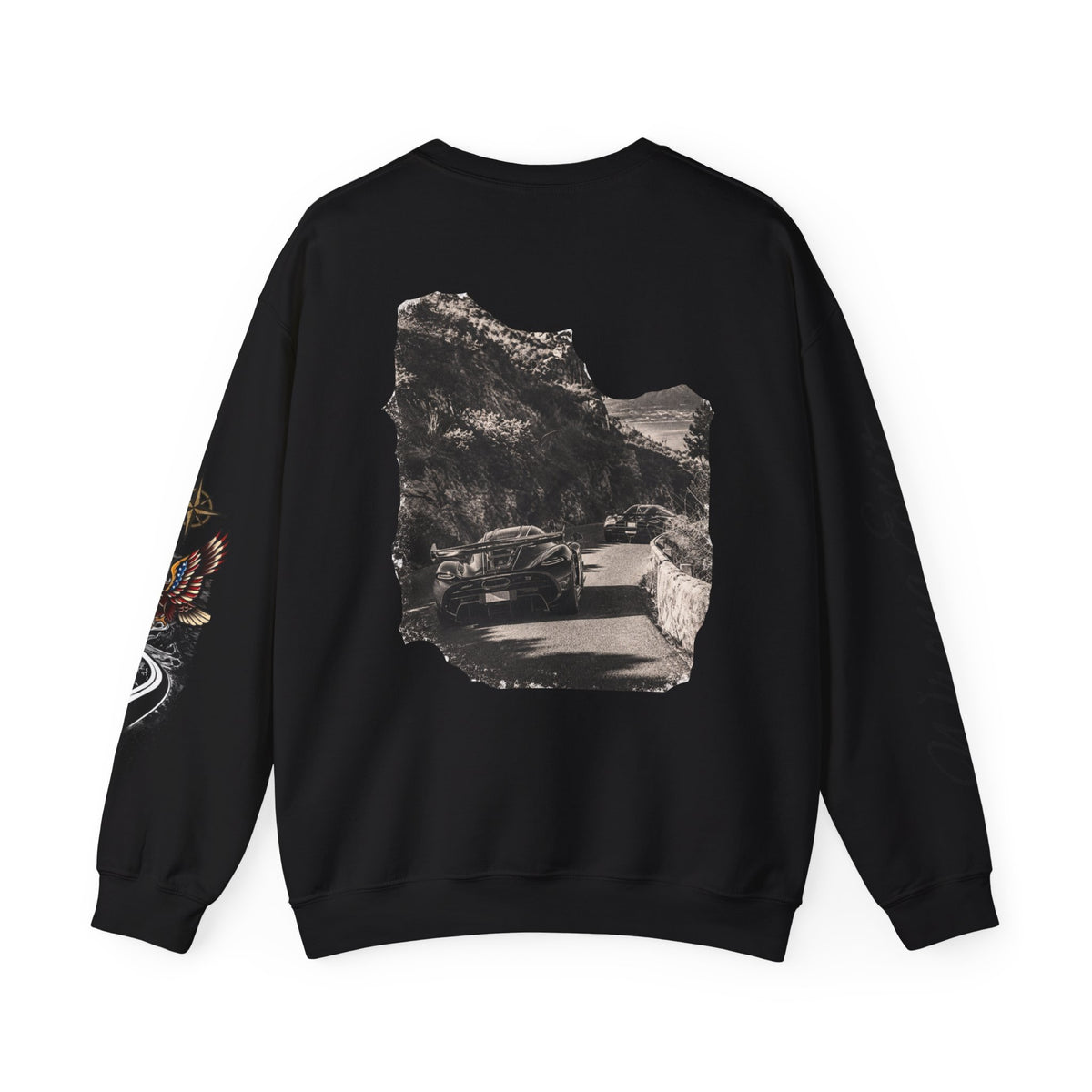 Vintage Road Trip Crewneck Sweatshirt — Scenic Car Photo Back & Graphic Sleeve