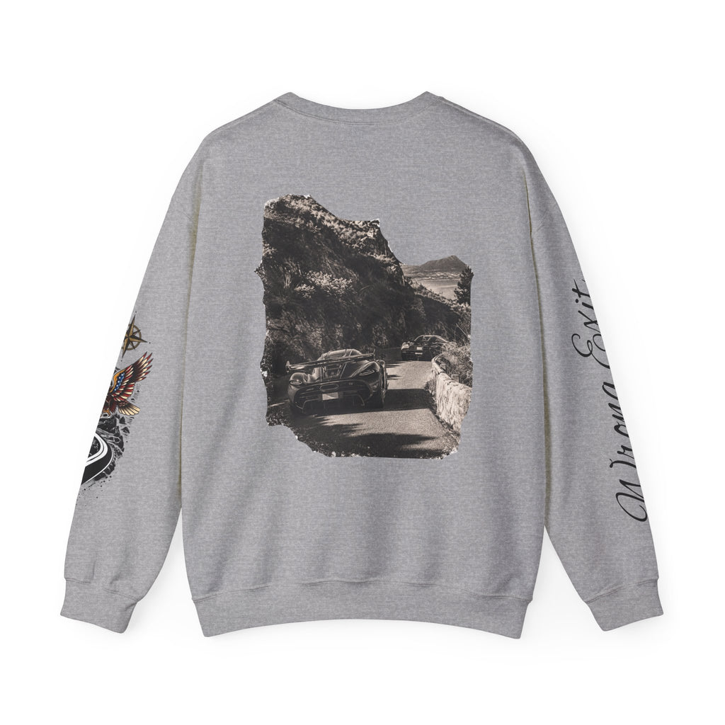 Vintage Road Trip Crewneck Sweatshirt — Scenic Car Photo Back & Graphic Sleeve