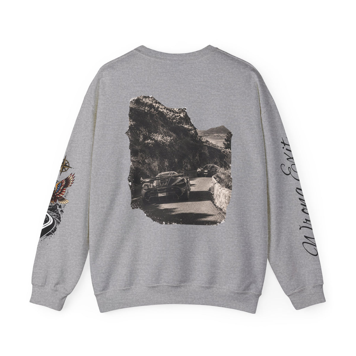 Vintage Road Trip Crewneck Sweatshirt — Scenic Car Photo Back & Graphic Sleeve